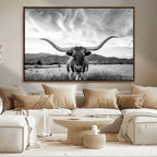 Longhorn Black and White Wall Art | Rustic Western Bull Canvas Print