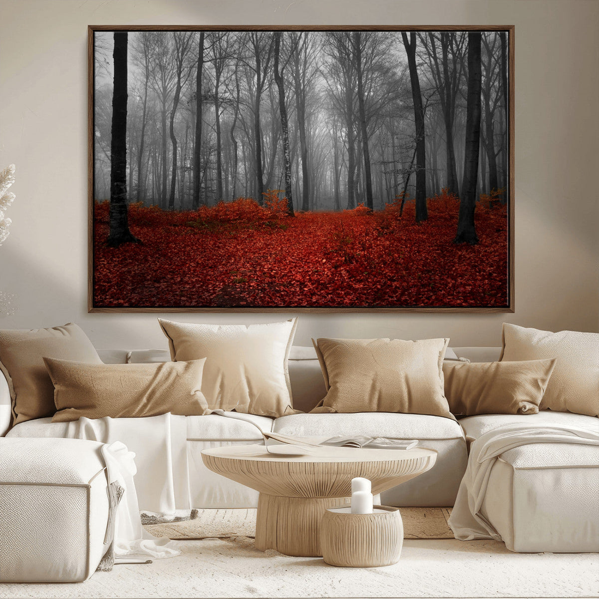 Red Forest Floor Canvas Wall Art | Mystical Foggy Woodland Triptych