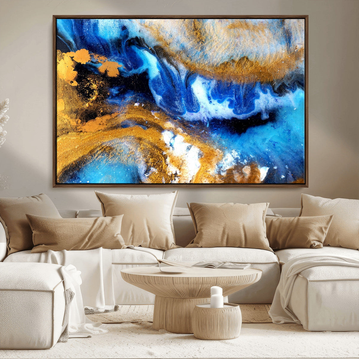 Blue Orange Marble Fluid Effect Canvas Wall Art Print
