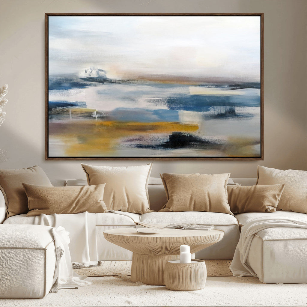 Abstract Landscape Wall Art Canvas | 3 Panel Modern Blue, Gold and White Canvas Art