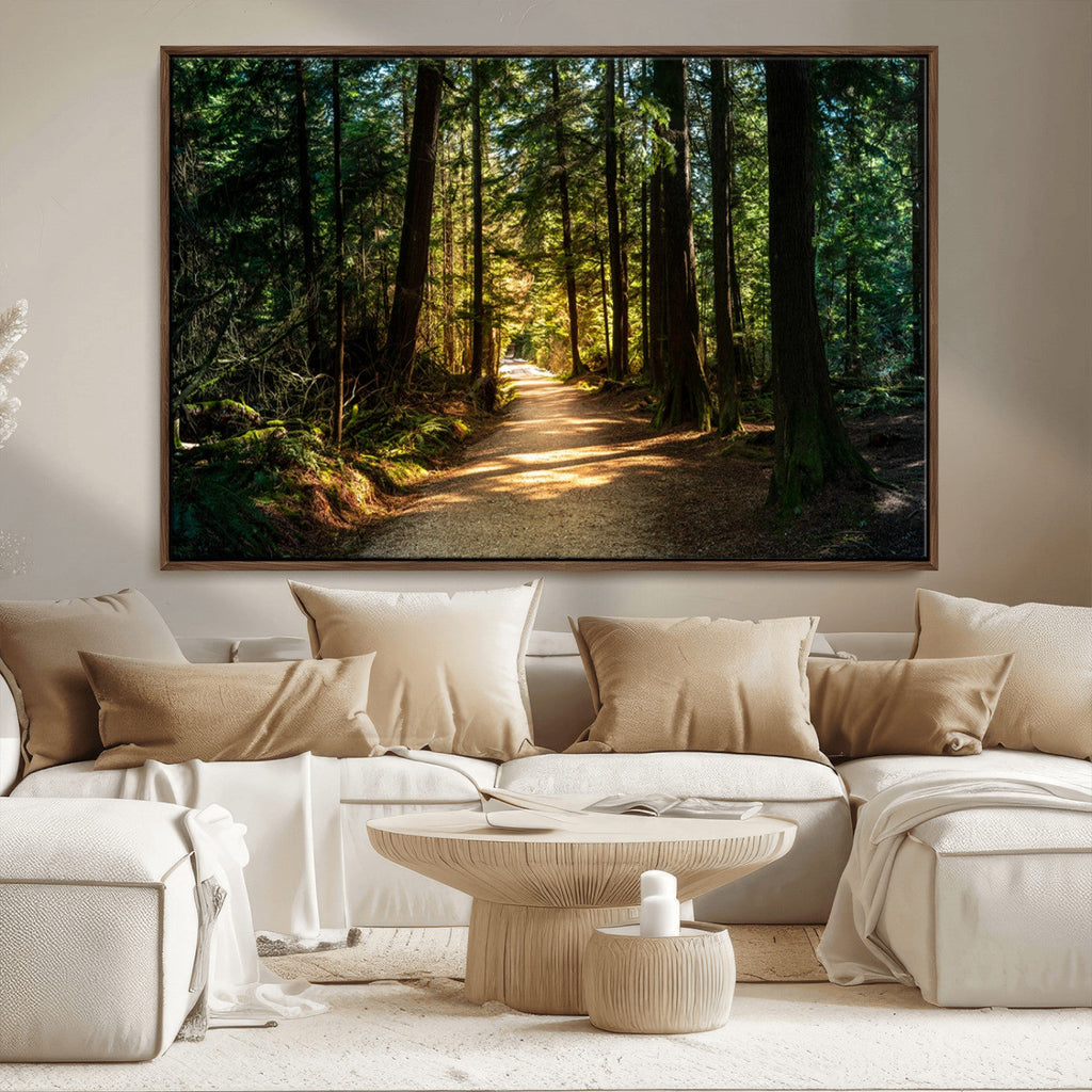 Sunlit Forest Pathway Canvas Print | 3 Panel Large Nature Wall Art