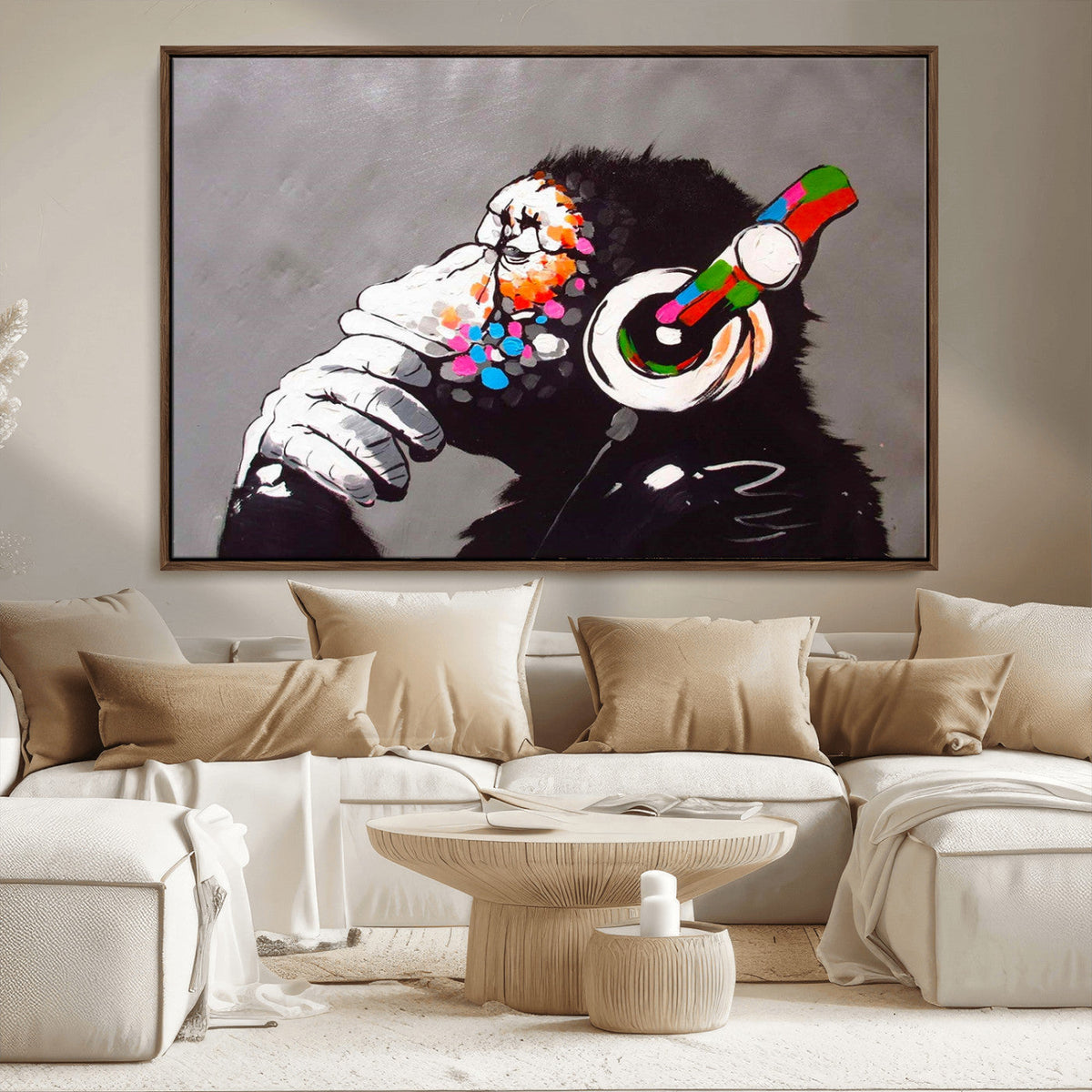 DJ Monkey Listening to Music Wall Art Print | Banksy Monkey Large Canvas Print