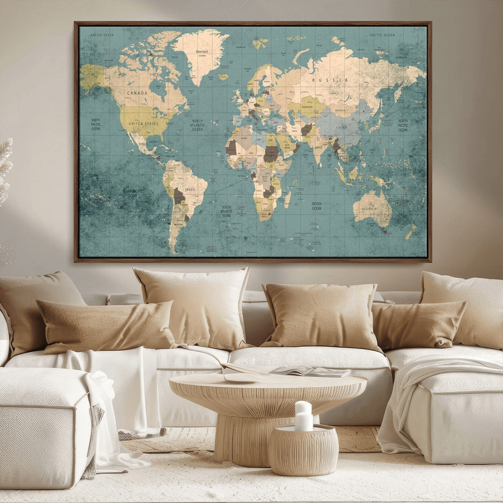 Classic World Map Canvas Print | Framed Vintage Map Wall Art