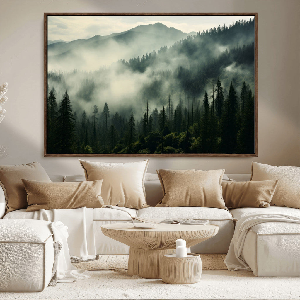 Captivating Misty Forest Wall Art Premium Canvas Print, A Foggy and Serene Atmosphere