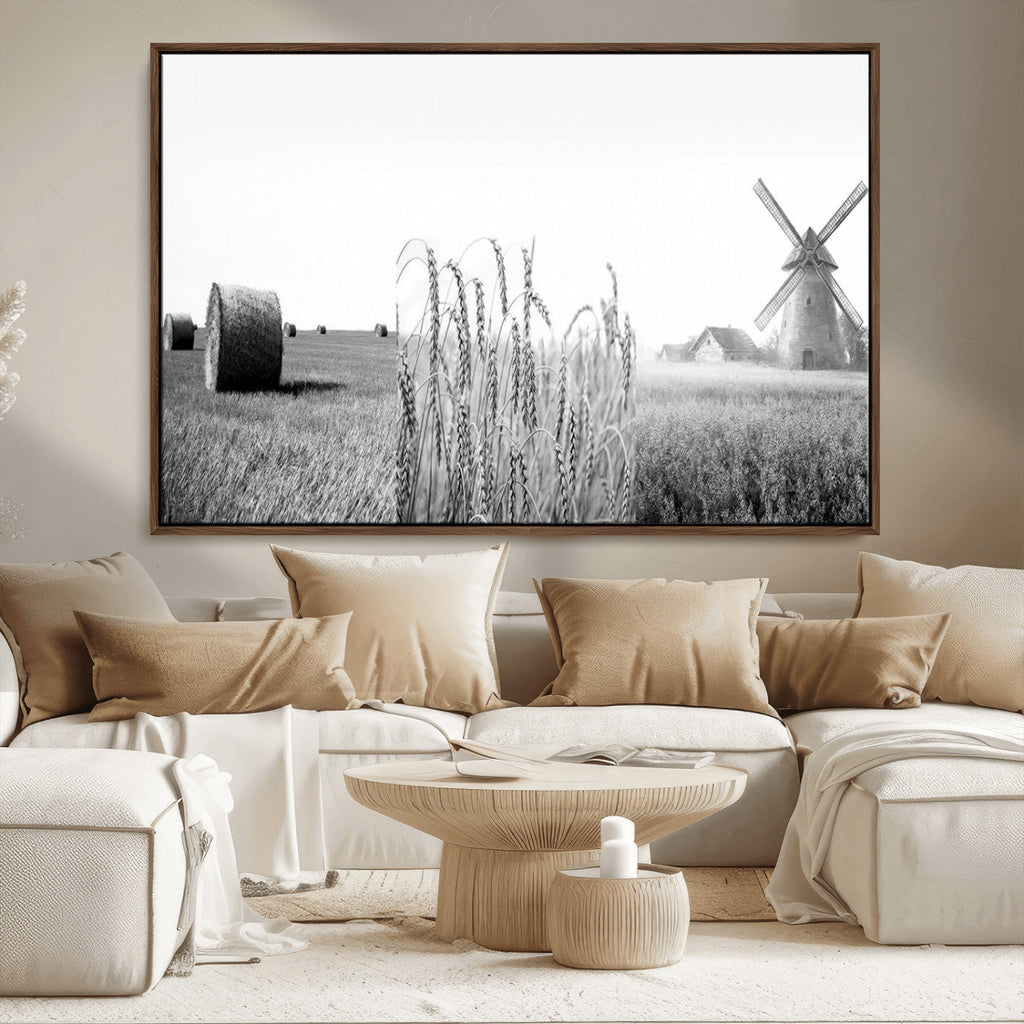 Vintage Farmhouse Black and White Triptych Wall Art, Giclee Canvas with Wheat Fields, Hay Bales and Windmill