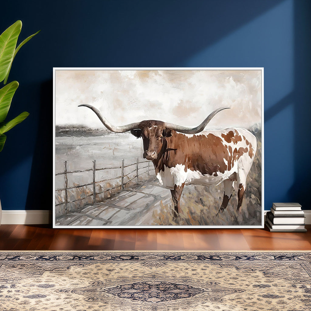 Vintage Texas Cow Wall Art Canvas Print, Rustic Longhorn