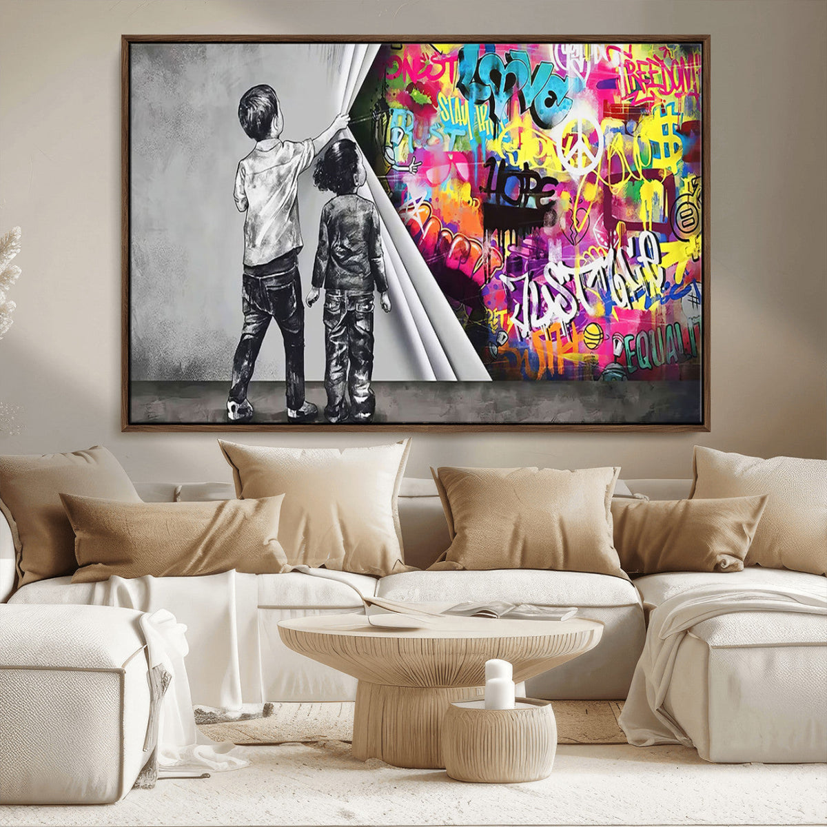 Banksy Print, Street Art Canvas Wall Art, Kids Revealing Graffiti, Urban Modern Decor