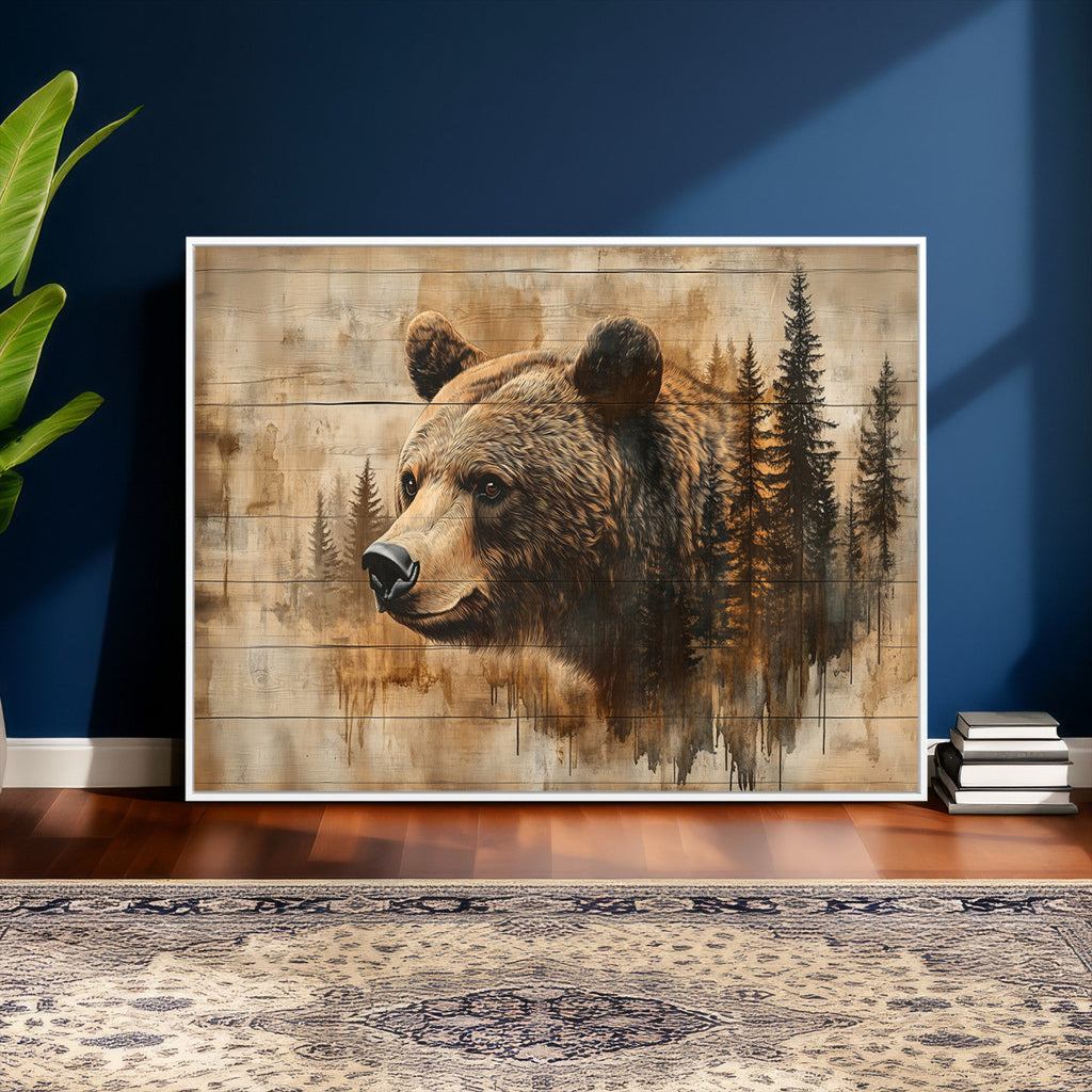 Rustic Grizzly Bear Wall Art, Abstract Grizzly 399 Bear Canvas Print, Woodland Wildlife