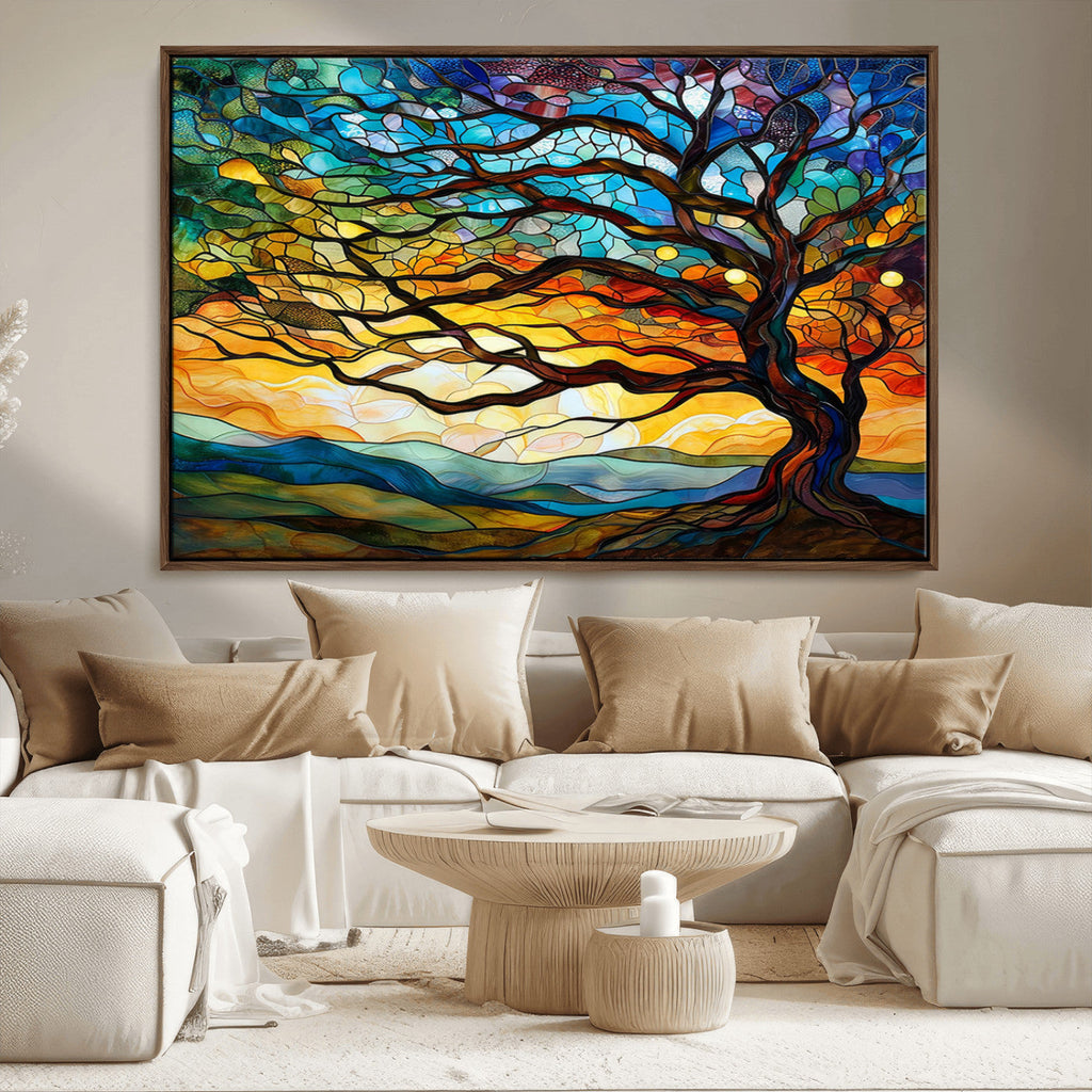 Vibrant Mosaic Tree of Life Wall Art, Stained Glass Style Canvas Print