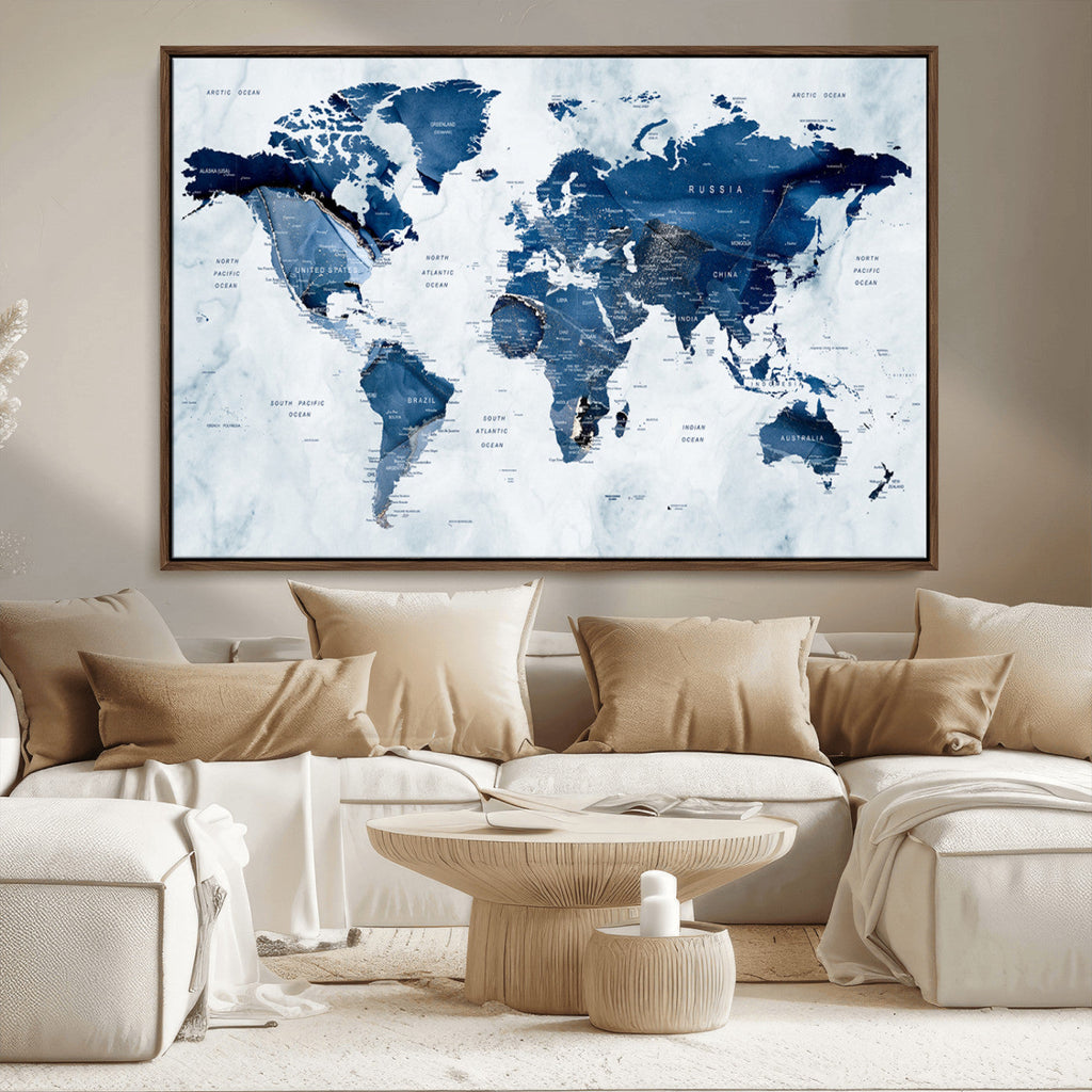 Modern Blue World Map Canvas Print | Elegant Travel Map Wall Art for Home Office