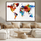 Colorful World Map Canvas Wall Art Print, Contemporary Global Map Artwork