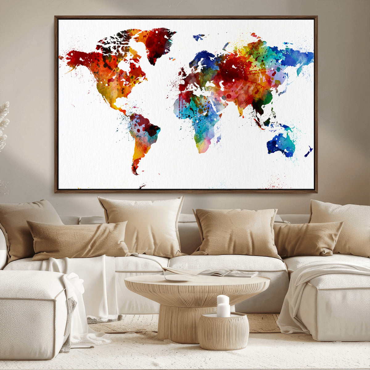 Colorful World Map Canvas Wall Art Print, Contemporary Global Map Artwork