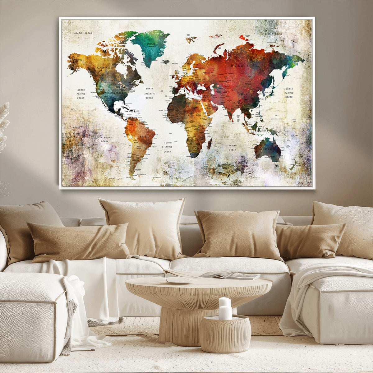 Watercolor World Map Canvas Print | Framed Travel Map Wall Art for Couples