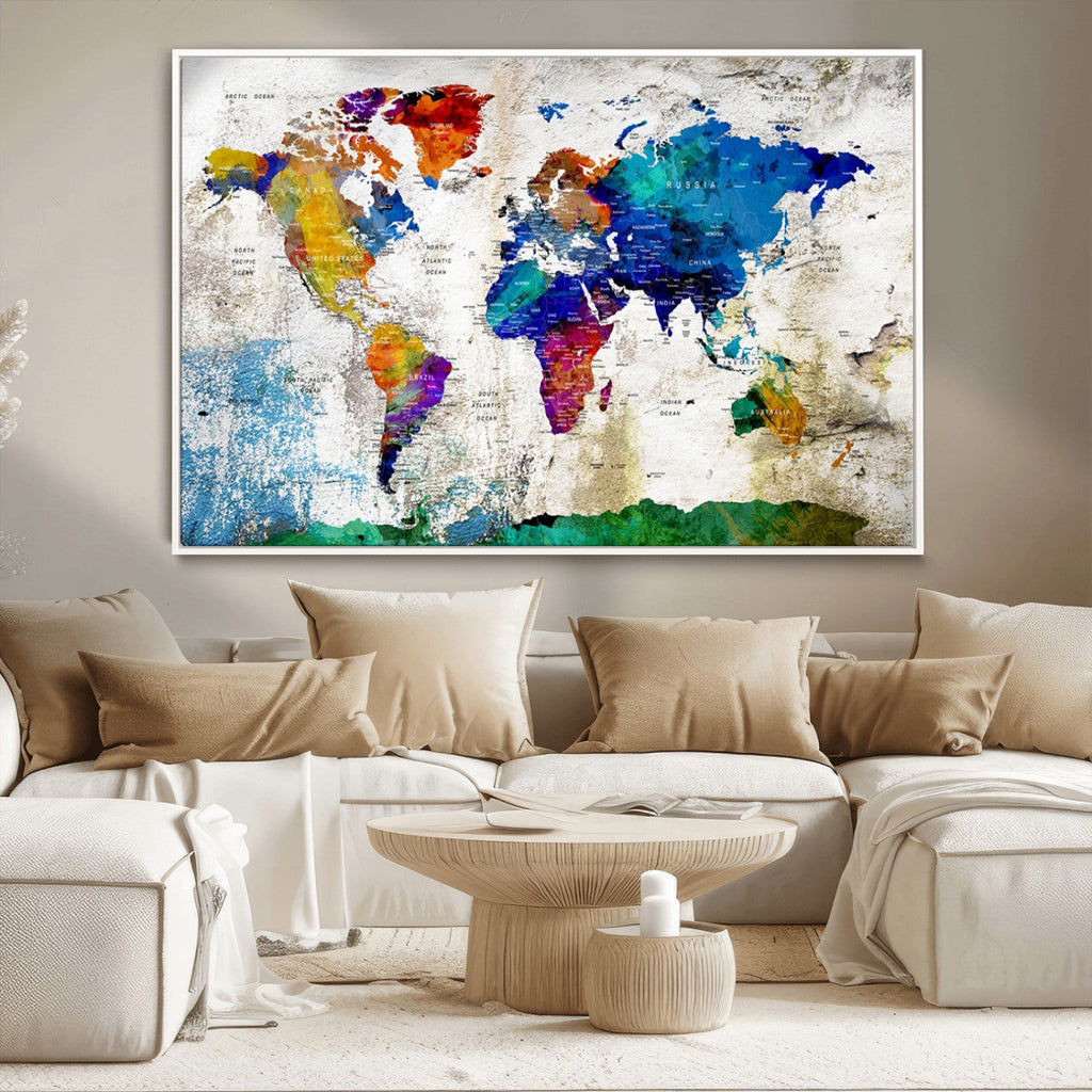 Navy Blue and Orange Watercolor World Map Canvas Print | Framed Travel Map