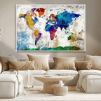 Navy Blue and Orange Watercolor World Map Canvas Print | Framed Travel Map