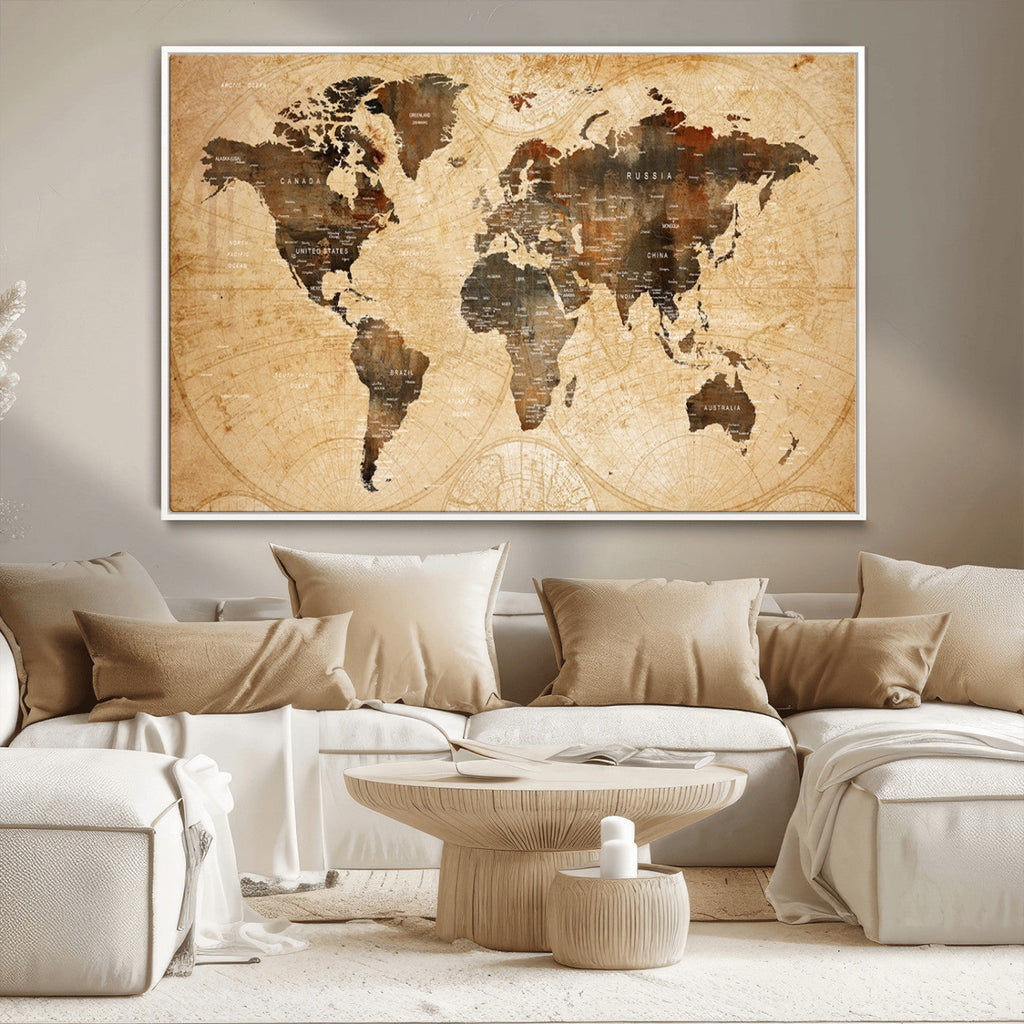 Push Pin World Map Canvas Print | Framed Travel Tracker Wall Art