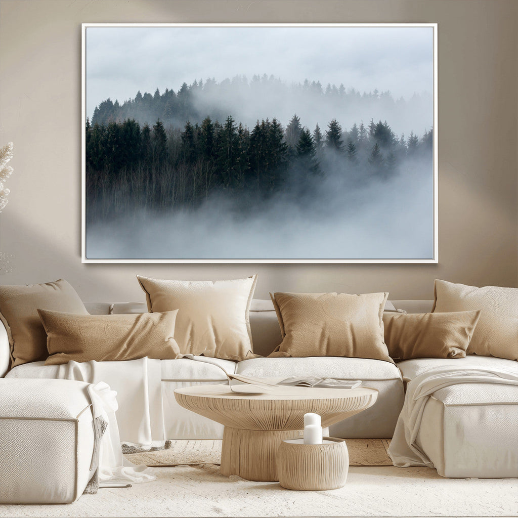 Autumn and Misty Trees in the Forest Wall Art Canvas Print, Foggy Forest Mountain Wall Art