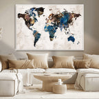 Abstract Earth Tone Blue World Map Canvas Print | Framed Travel Map Wall Art