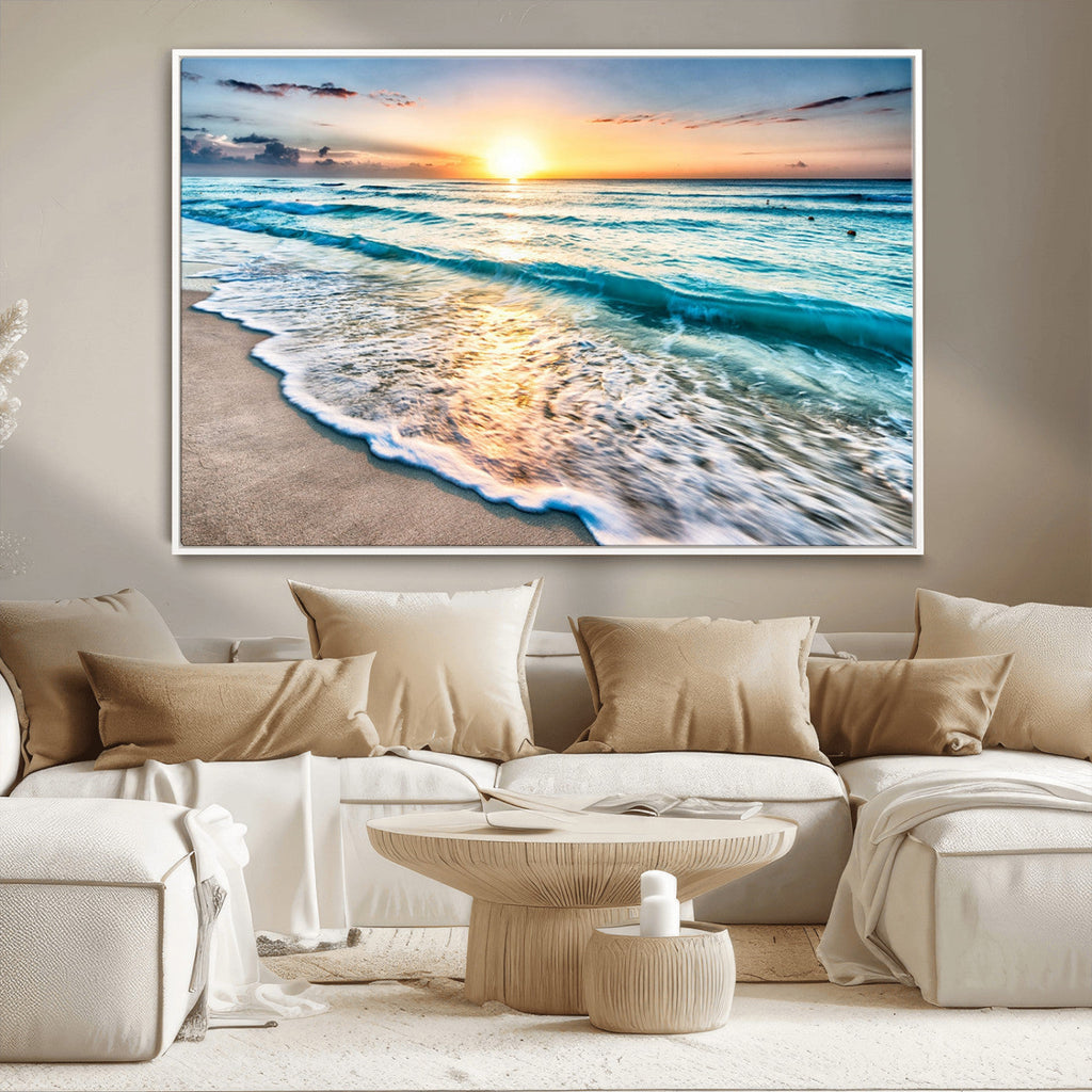 Sunset Beach Waves Canvas Wall Art | Ocean Sunset Coastal Print