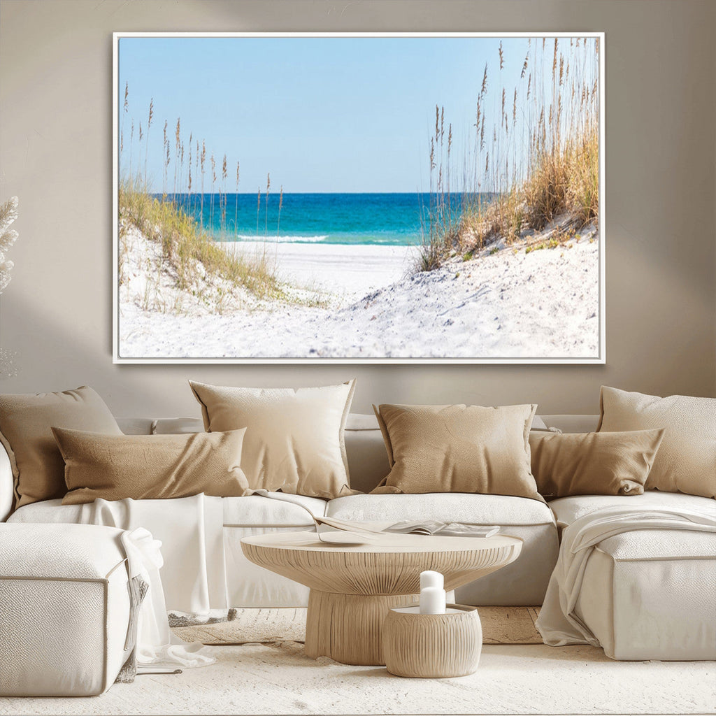 Serene Coastal Dune Path with Ocean View, 3-Panel Beach Canvas Wall Art