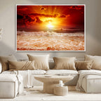 Red Sunset Ocean Beach Canvas Wall Art, Coastal Sunset Print