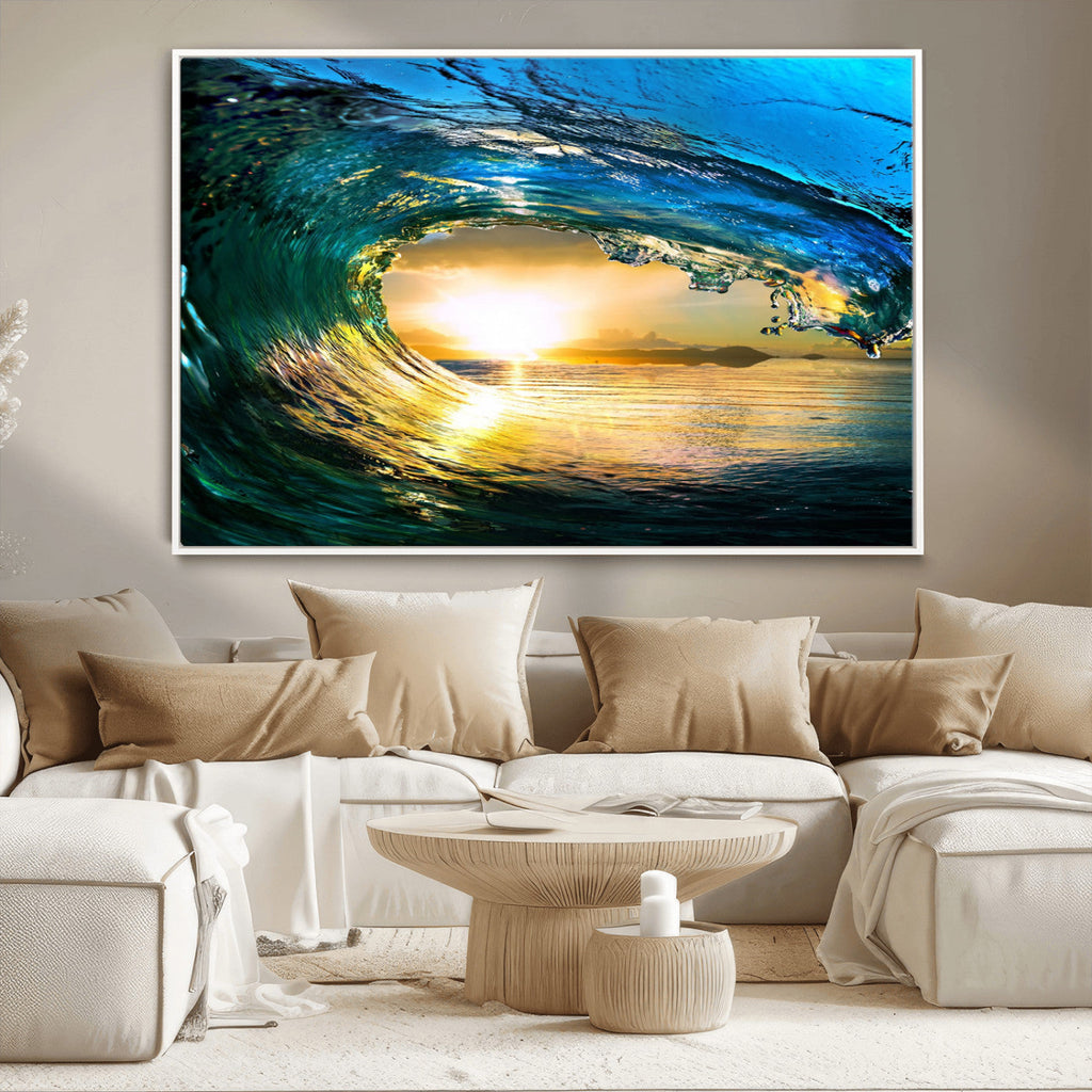 Ocean Wave at Sunset Canvas Art, Large Wall Print of Vibrant Surfing Wave