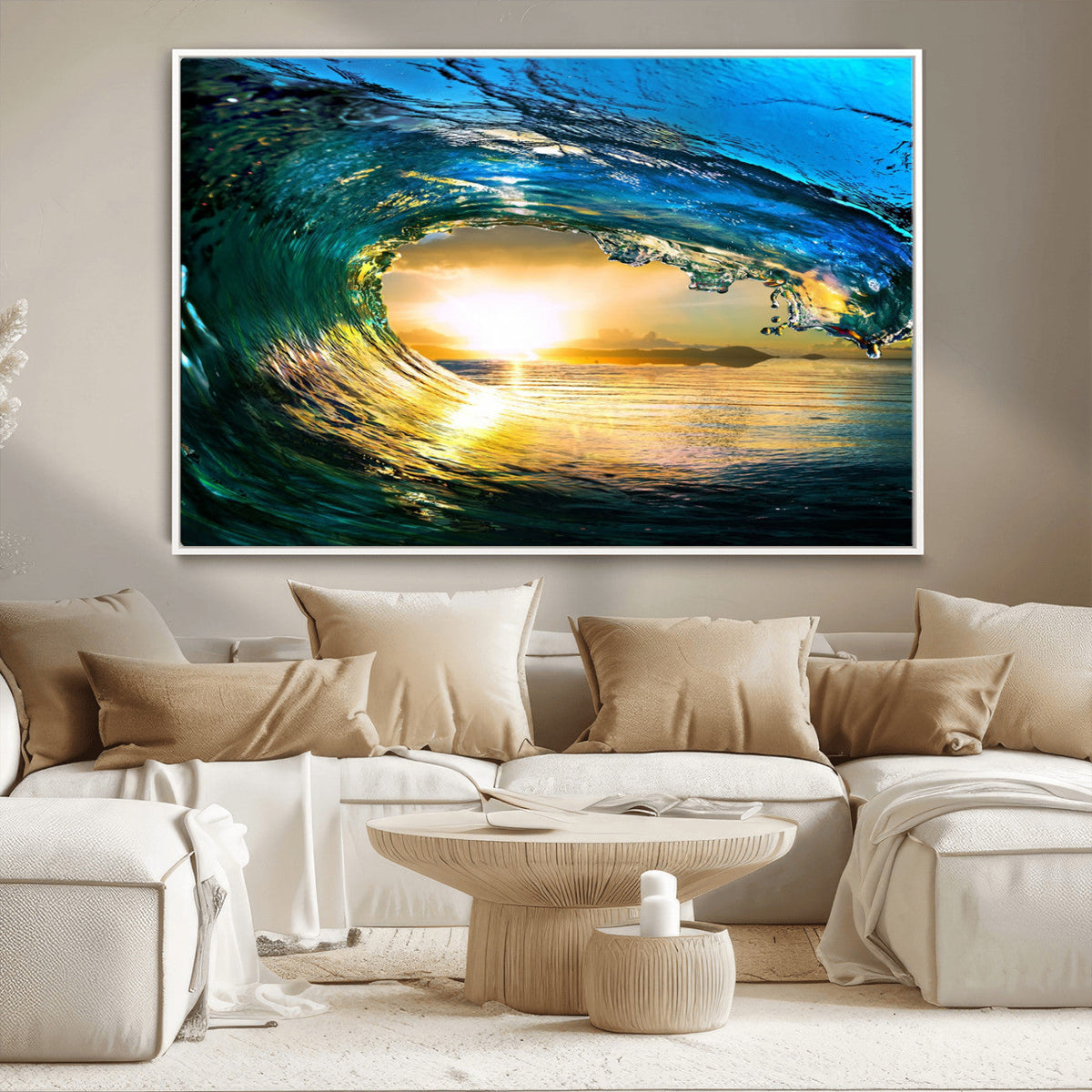 Ocean Wave at Sunset Canvas Art, Large Wall Print of Vibrant Surfing Wave