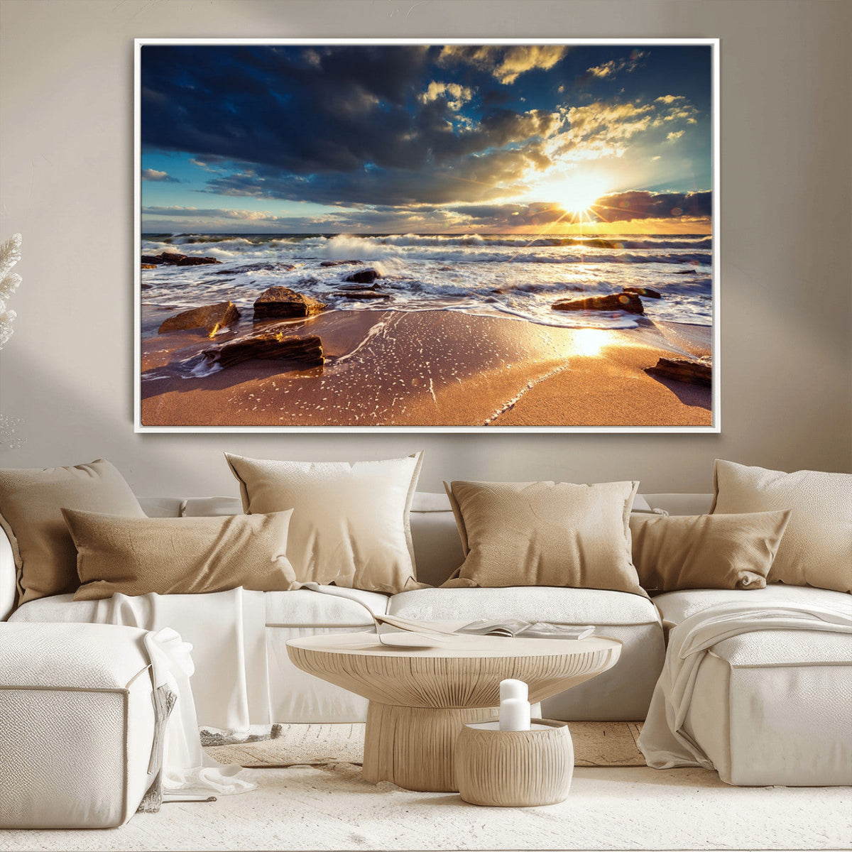 Golden Hour Beach Sunset Canvas Triptych, Ocean Waves and Rocks Wall Art