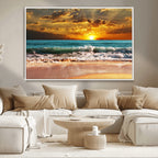 Golden Sunset Beach Canvas Wall Art | Triptych Seascape Print, Framed and Ready to Hang