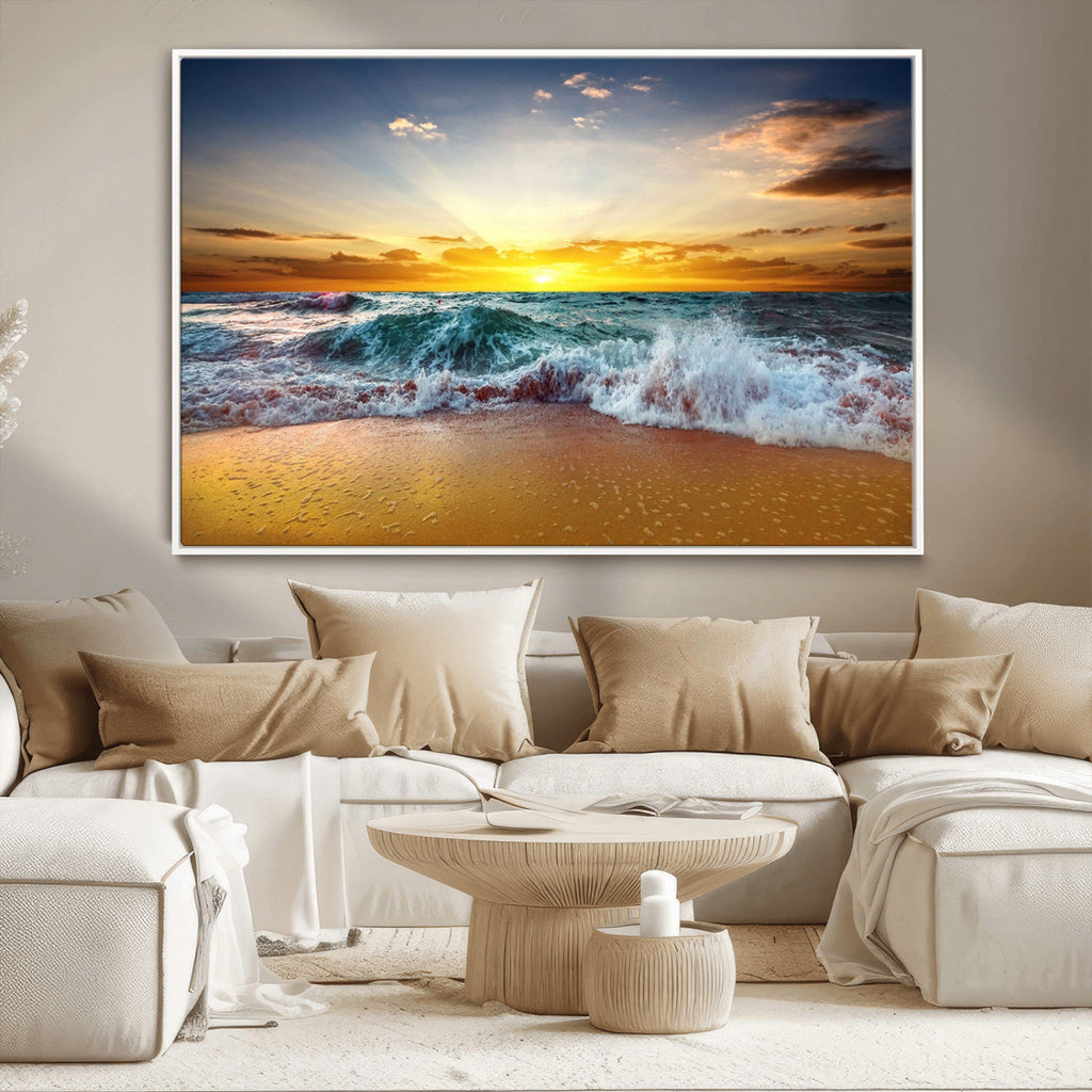 Golden Sunset Ocean Waves Wall Art Canvas Print | Multi Panel Beach Canvas Set, Coastal Triptych