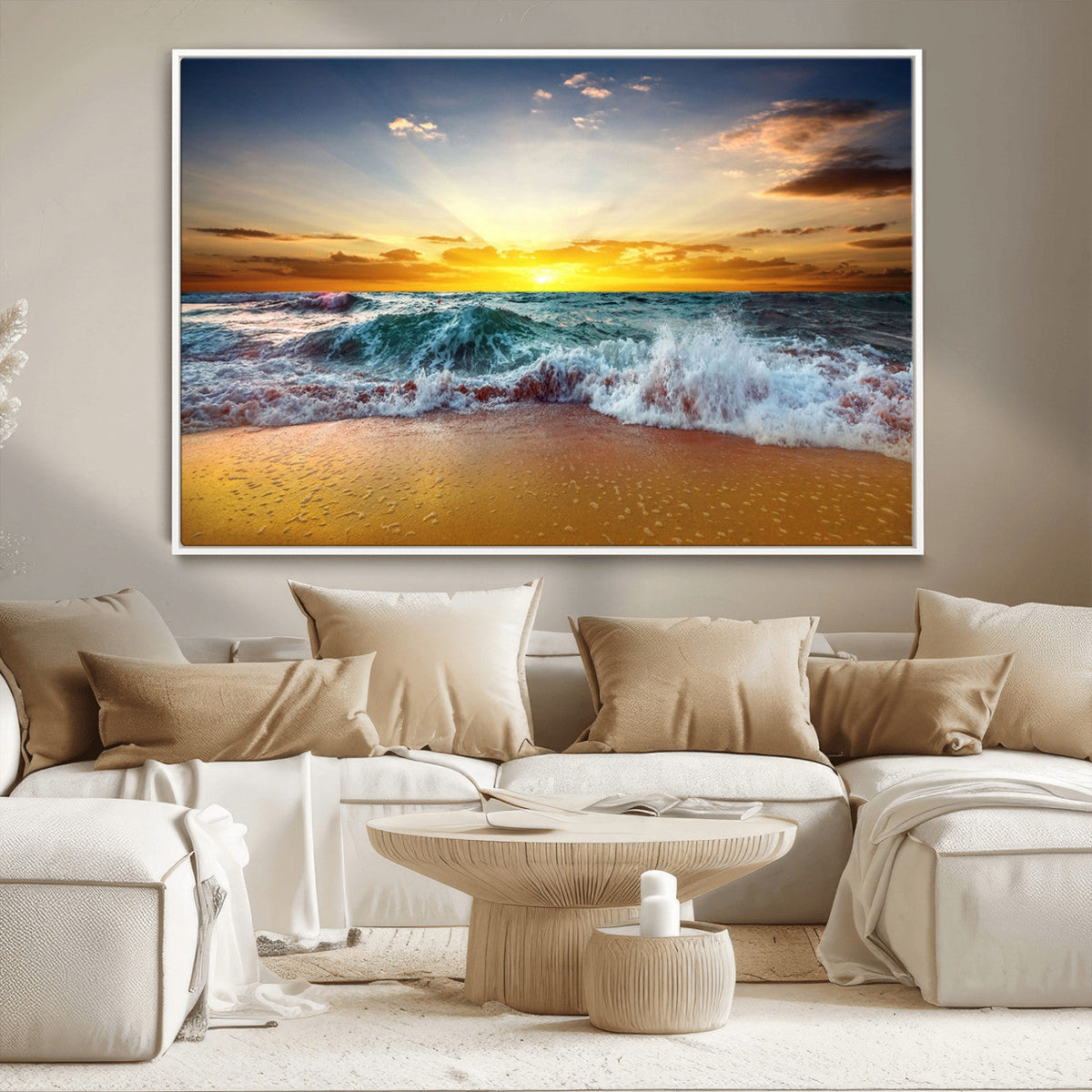 Golden Sunset Ocean Waves Wall Art Canvas Print | Multi Panel Beach Canvas Set, Coastal Triptych