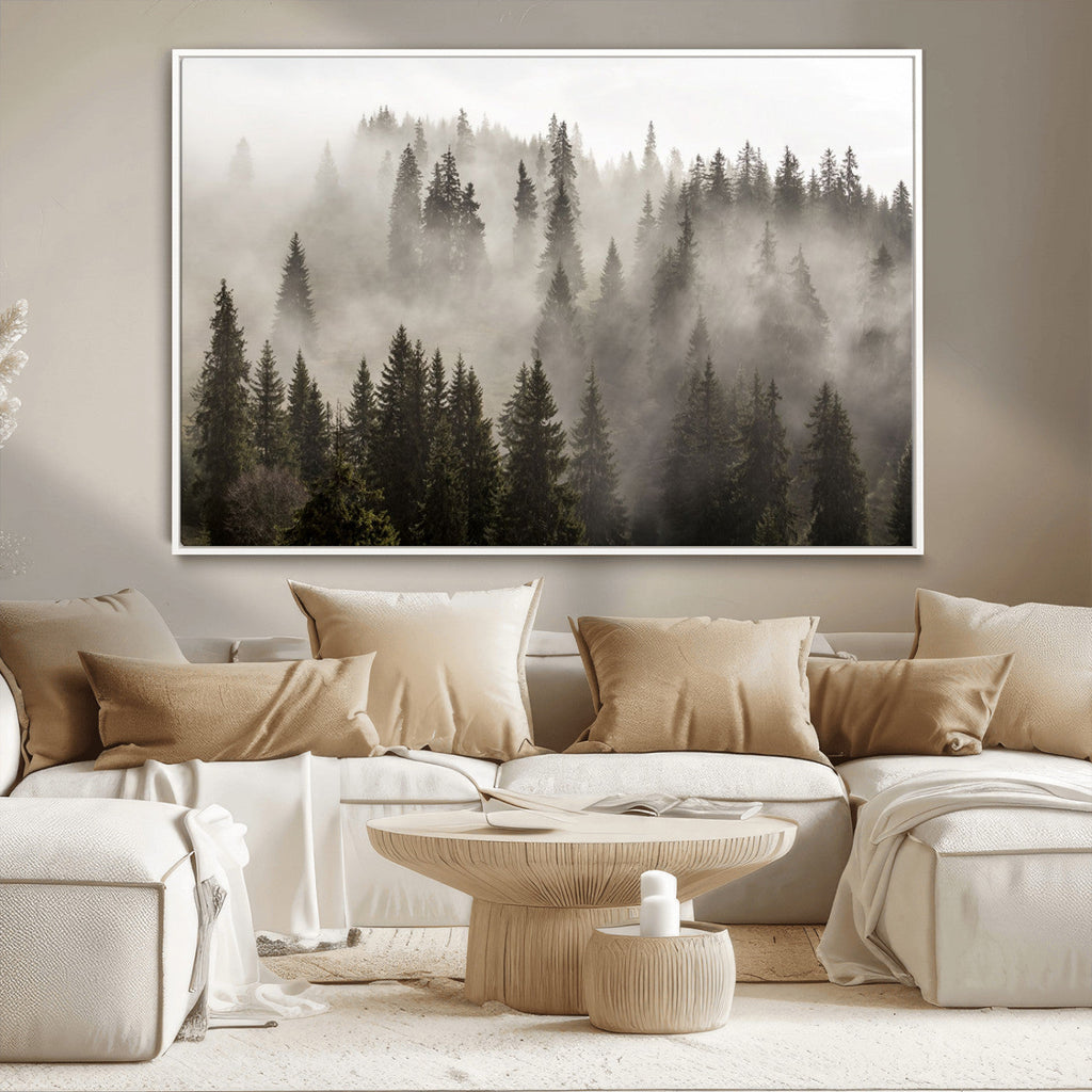 Foggy Mountain Wall Art | 3-Panel Foggy Forest and Mountain Landscape Canvas Print
