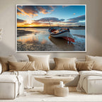 Small Boat At The Beach Sunset Wall Art, Boat Sunset Wall Art Canvas Print