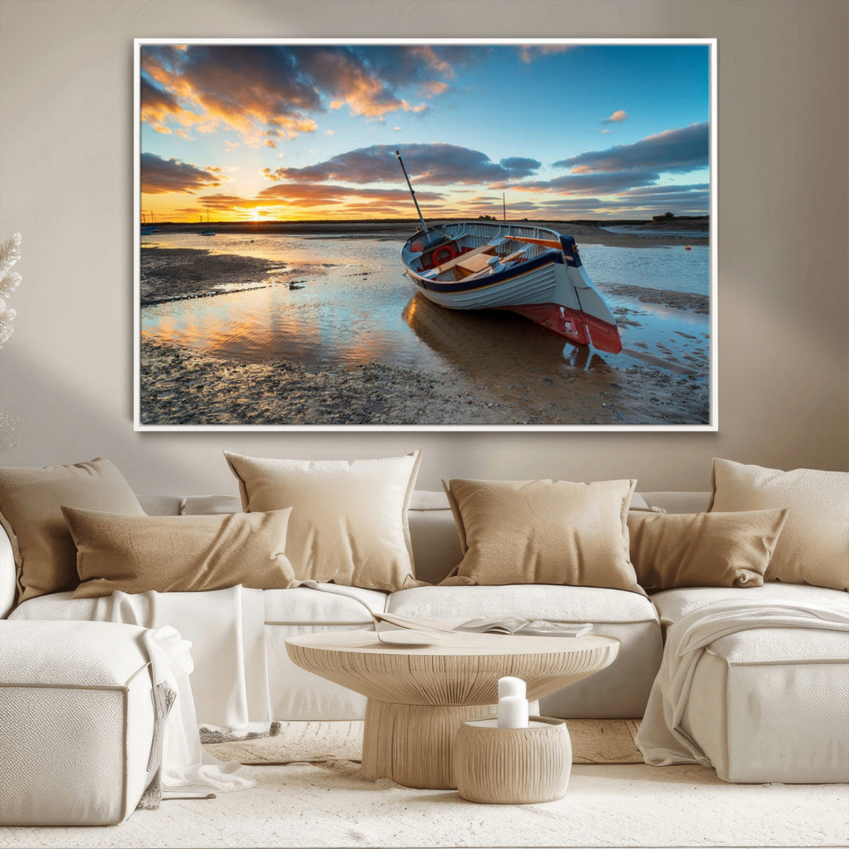 Small Boat At The Beach Sunset Wall Art, Boat Sunset Wall Art Canvas Print