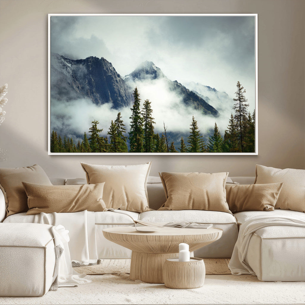 Mountain Mist Canvas Wall Art Print | 3-Panel Foggy Forest and Mountain Landscape
