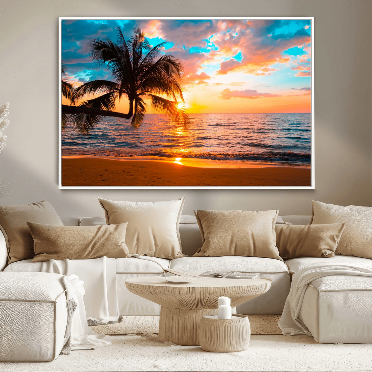 Palm Tree Sunset On The Beach Wall Art Canvas, Framed Palm Tree Sunset Canvas Print