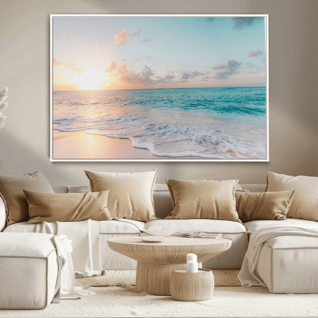 Tranquil Ocean Beach Sunset Canvas Wall Art | 3-Panel Coastal Decor