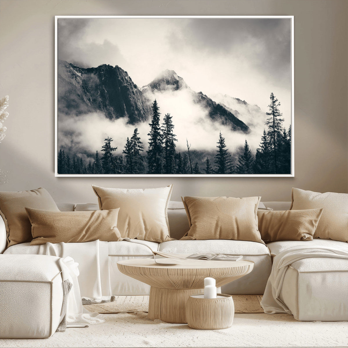 Forest Mountain Print | Black and White Canvas Wall Art with Misty Forest Design