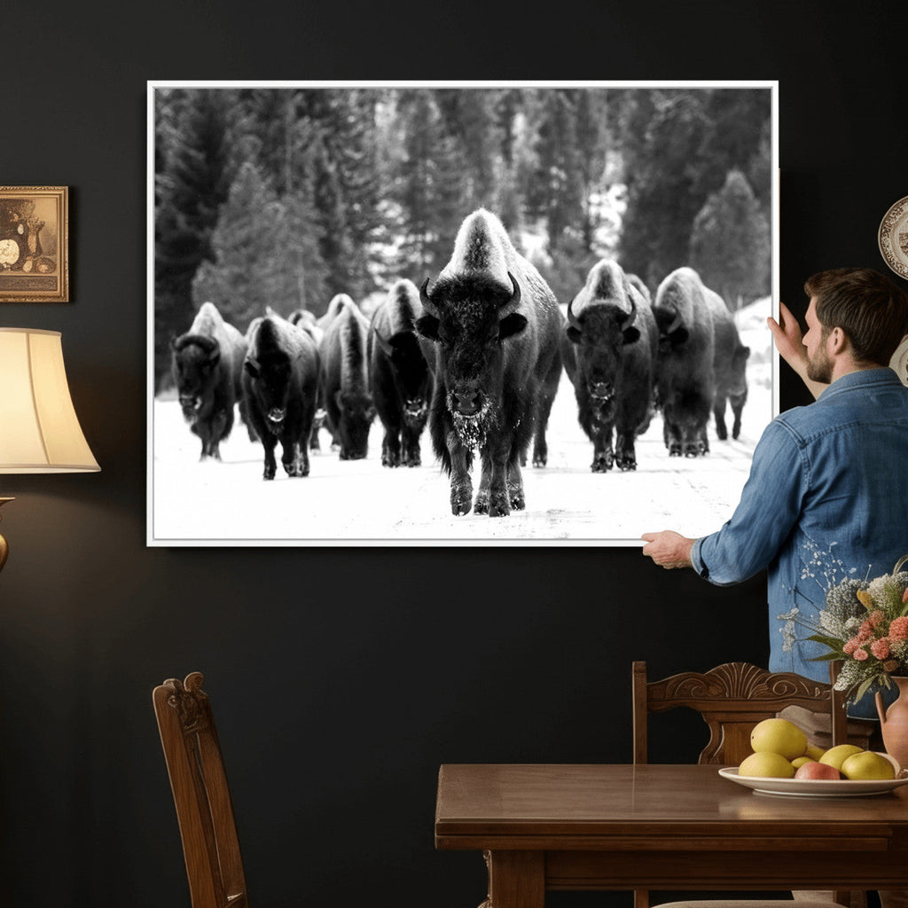 Bison Herd in Snow Wall Art Canvas Print | Rustic Western Bison Wall Art for Living Room and Farmhouse Decor