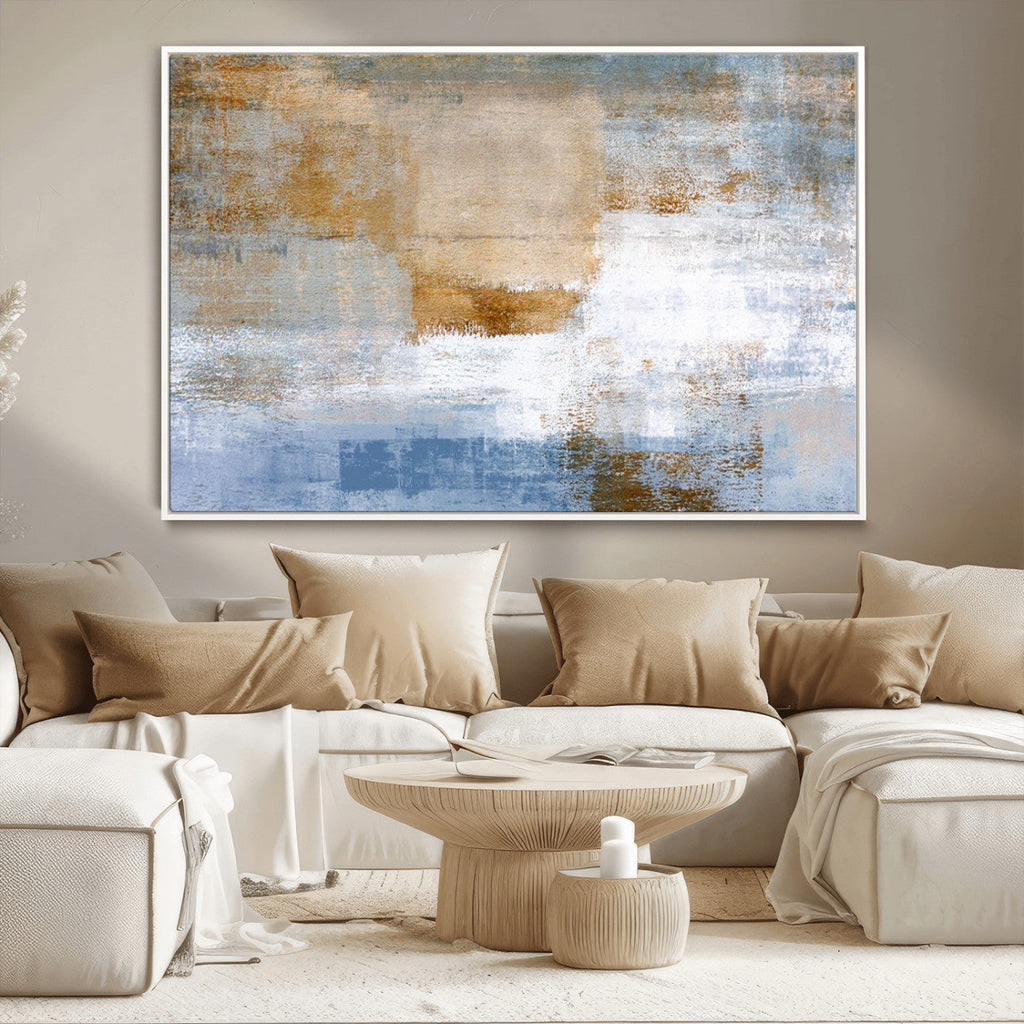 Blue Multi Panel Abstract Wall Art Canvas, Abstract Blue and Gold Canvas Print