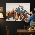 Rustic Abstract Wood Panel Effect Canvas | Mountain Range Top Wood Wall Art Canvas Print