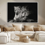 Lion Couple Wall Art Canvas Print, Elegant Black and White Wildlife Portrait