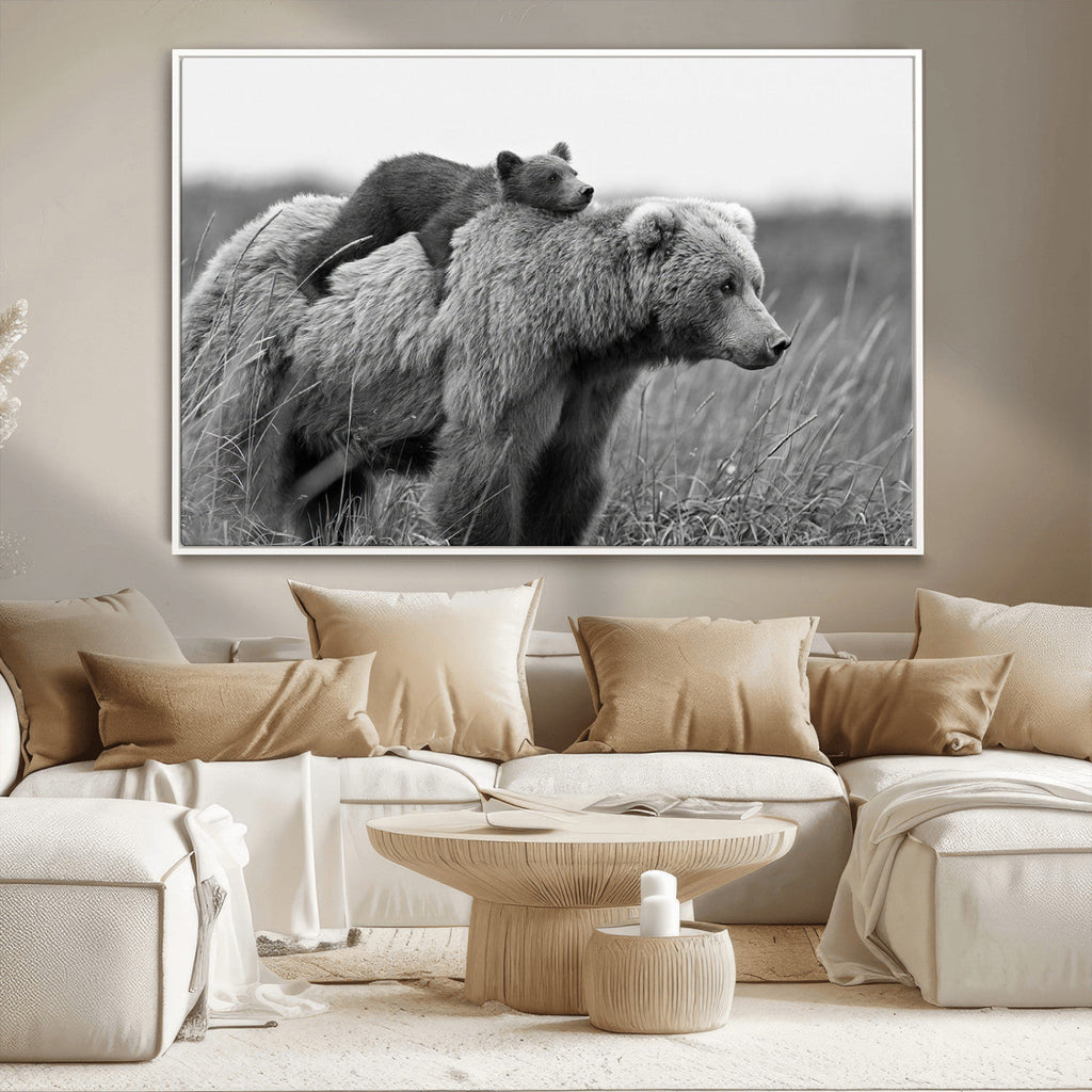 Bear and Cub Wall Art Canvas | Grizzly 399 Bear and Cub Black and White Wildlife Print