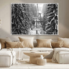 Winter Ski Lift Black and White Canvas Wall Art | Alpine Escape in Minimalist Style