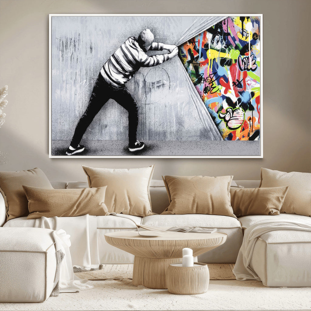 Banksy Art Behind the Curtain Street Wall Art Canvas Print | Urban Graffiti Style Wall Decor