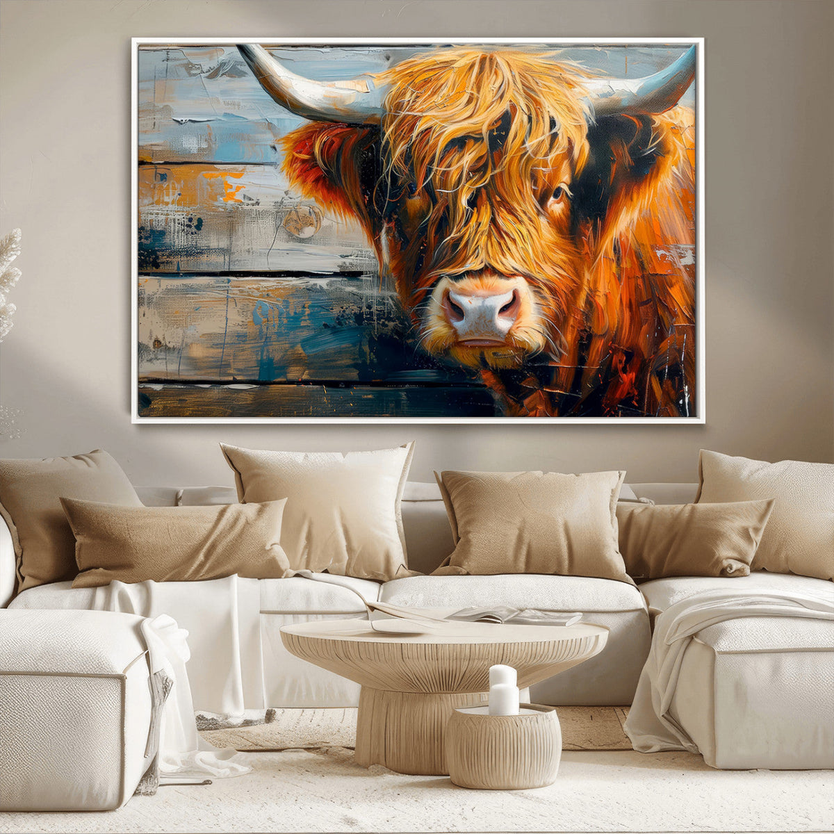 Highland Cow Abstract Canvas Wall Art, Bold Farmhouse Decor