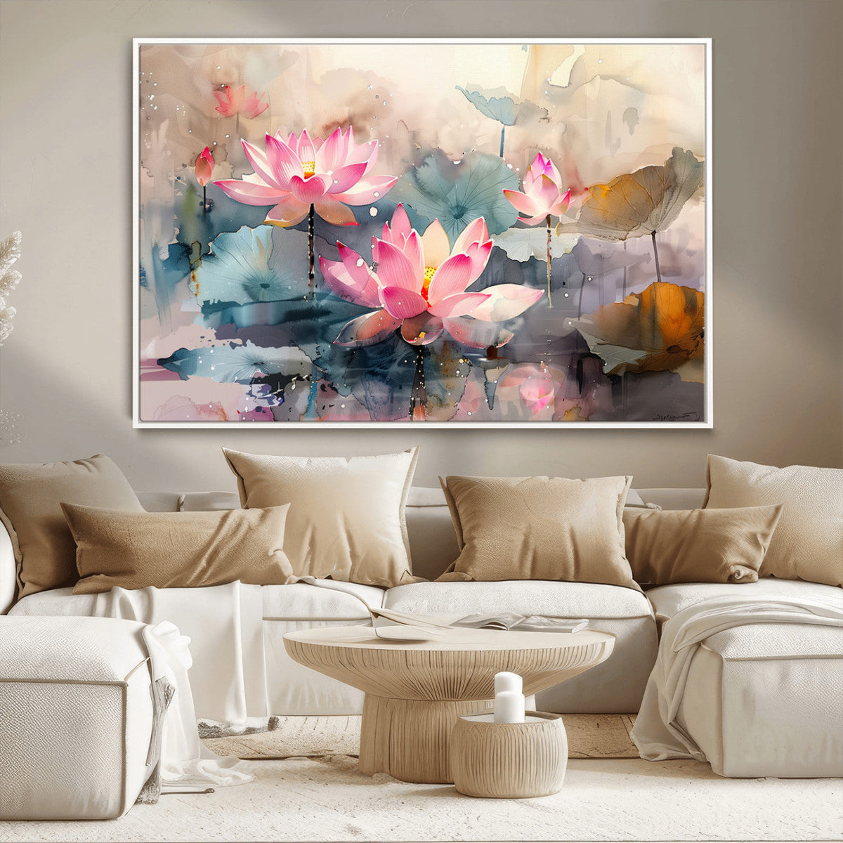 Lotus Flower Wall Art | 3 Panel Giclee Canvas Print of Pink Lotus Blossoms
