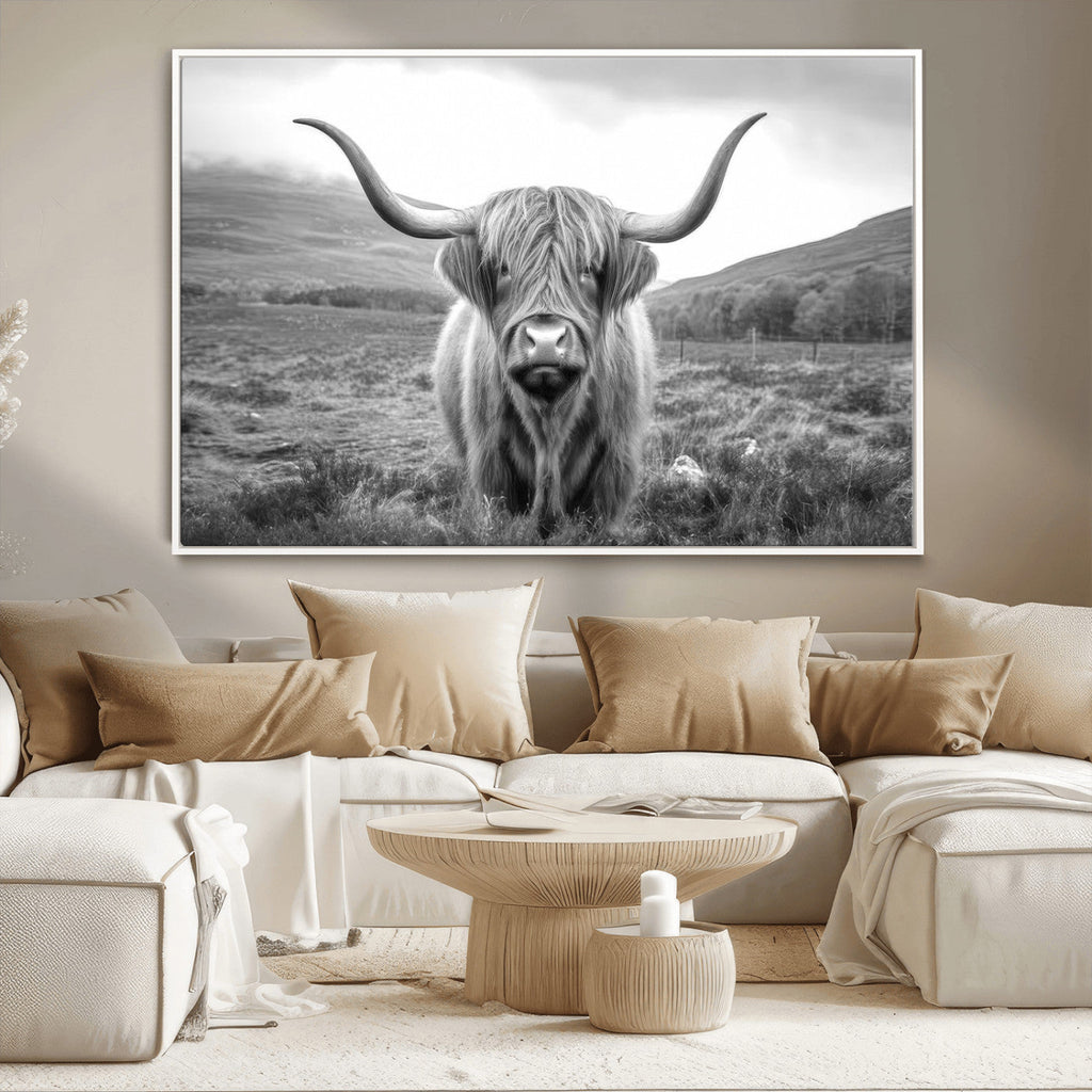 Black White Scottish Highland Cow Canvas Farm Wall Art