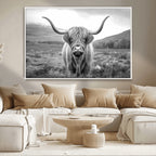 Black White Scottish Highland Cow Canvas Farm Wall Art