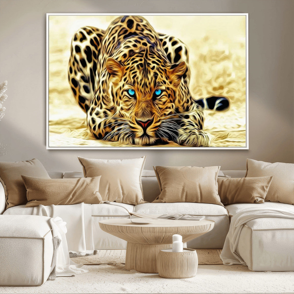 Blue-Eyed Leopard Canvas Wall Art, Framed Animal Print, Fierce and Bold Decor for Living Rooms